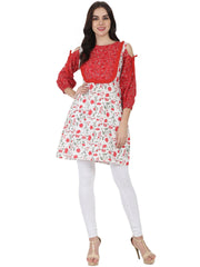 White & red printed 3/4th sleeve cotton Cold shoulder Tunic