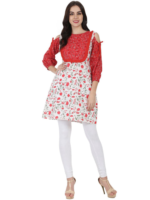 White & red printed 3/4th sleeve cotton Cold shoulder Tunic