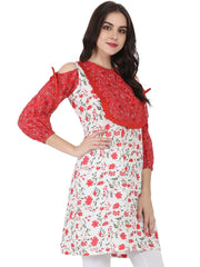 White & red printed 3/4th sleeve cotton Cold shoulder Tunic