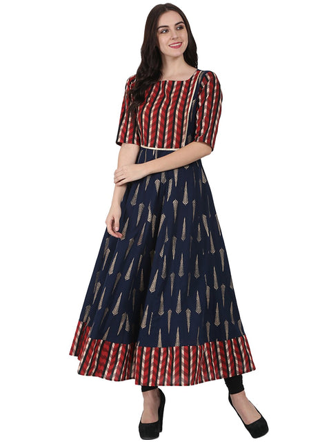 Navy Blue printed half sleeve cotton floor length anarkali kurta