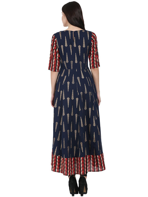 Navy Blue printed half sleeve cotton floor length anarkali kurta