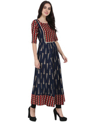 Navy Blue printed half sleeve cotton floor length anarkali kurta