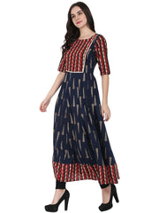 Navy Blue printed half sleeve cotton floor length anarkali kurta