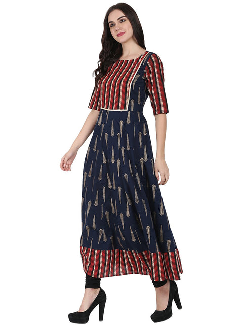 Navy Blue printed half sleeve cotton floor length anarkali kurta