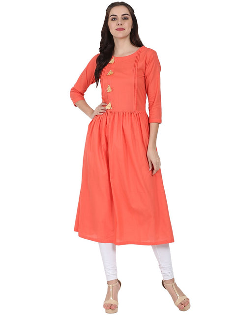 Peach 3/4th sleeve cotton A-line kurta