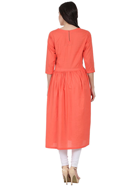 Peach 3/4th sleeve cotton A-line kurta