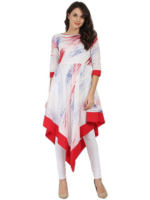 White tye dye half sleeve cotton A-line Assymetric kurta