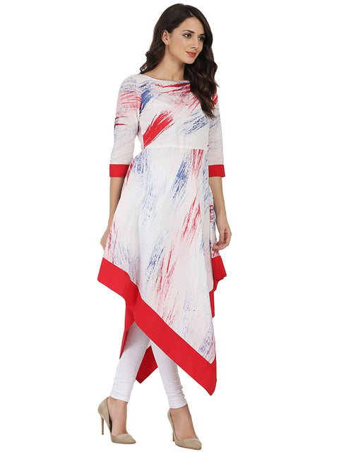 White tye dye half sleeve cotton A-line Assymetric kurta