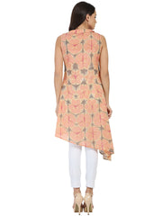 Peach printed sleeveless cotton A-line kurta