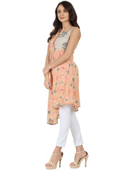 Peach printed sleeveless cotton A-line kurta