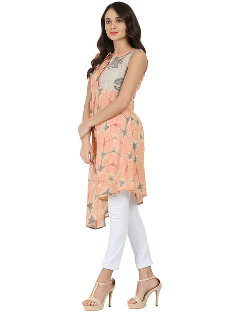 Peach printed sleeveless cotton A-line kurta