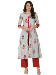 White & red printed half sleeve cotton double layer kurta