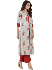 White & red printed half sleeve cotton double layer kurta