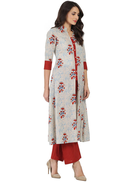 White & red printed half sleeve cotton double layer kurta