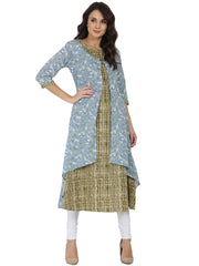 Blue & green printed 3/4th sleeve cotton Double layer kurta