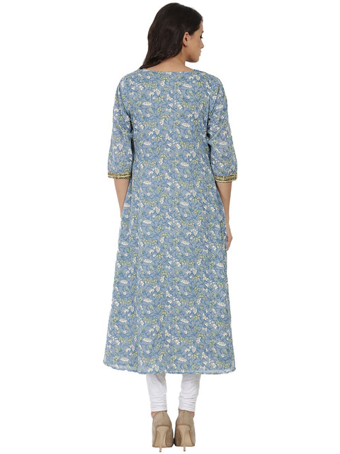 Blue & green printed 3/4th sleeve cotton Double layer kurta