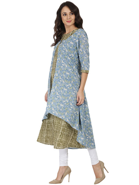 Blue & green printed 3/4th sleeve cotton Double layer kurta