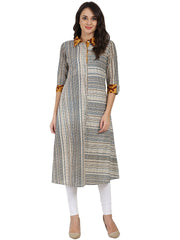 Blue printed 3/4th sleeve Cotton A-line front open kurta