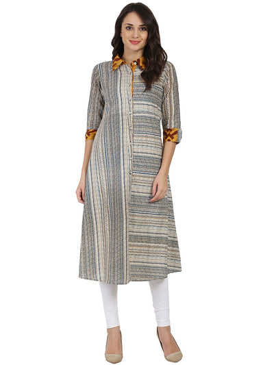 Blue printed 3/4th sleeve Cotton A-line front open kurta