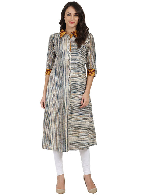 Blue printed 3/4th sleeve Cotton A-line front open kurta