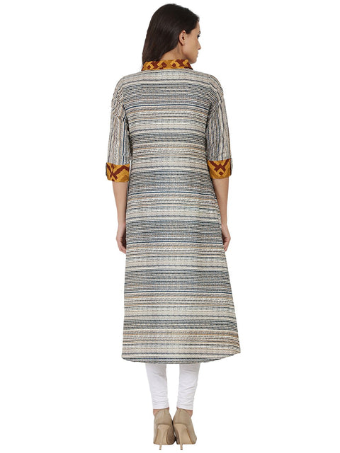 Blue printed 3/4th sleeve Cotton A-line front open kurta