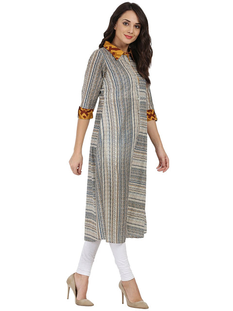 Blue printed 3/4th sleeve Cotton A-line front open kurta