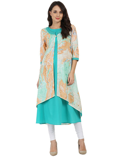 Sea Green Marbal  printed 3/4th sleeve cotton double layer kurta
