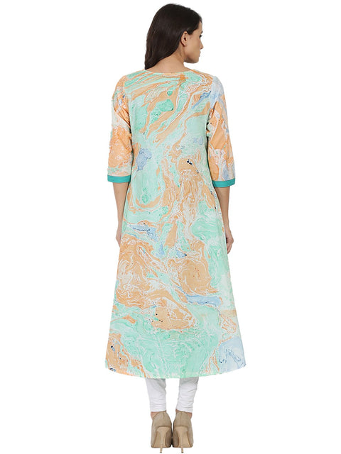 Sea Green Marbal  printed 3/4th sleeve cotton double layer kurta