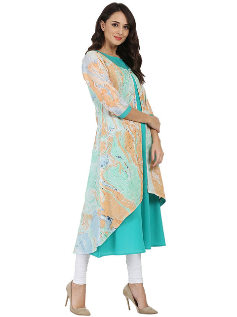 Sea Green Marbal  printed 3/4th sleeve cotton double layer kurta