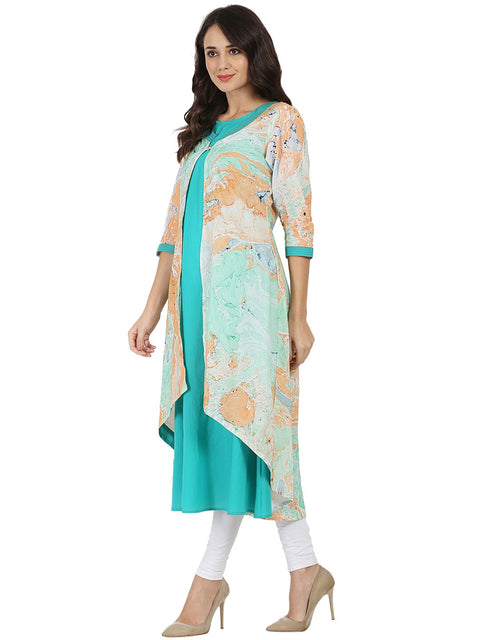 Sea Green Marbal  printed 3/4th sleeve cotton double layer kurta