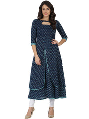 Blue printed 3/4th sleeve cotton Double layer Anarkali kurta