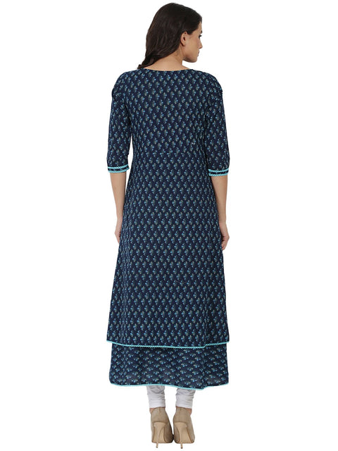 Blue printed 3/4th sleeve cotton Double layer Anarkali kurta