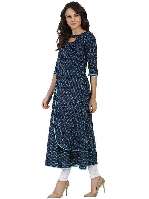 Blue printed 3/4th sleeve cotton Double layer Anarkali kurta