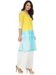 Yellow & Blue tye dye 3/4th sleeve cotton kurta