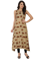 Beige printed sleeveless cotton Anarkali kurta