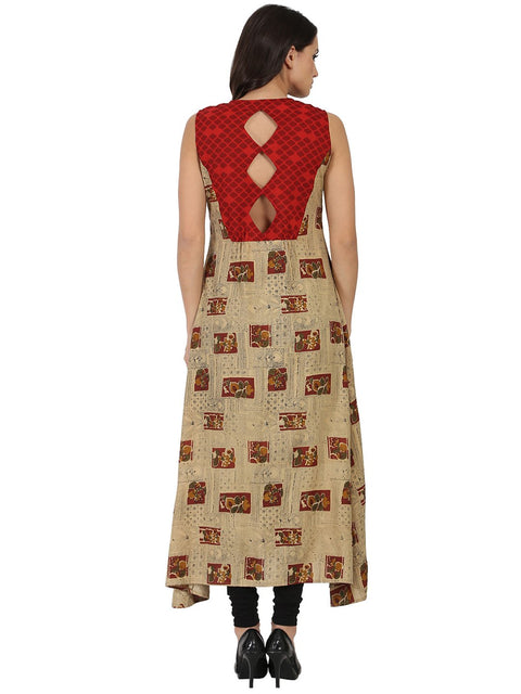 Beige printed sleeveless cotton Anarkali kurta