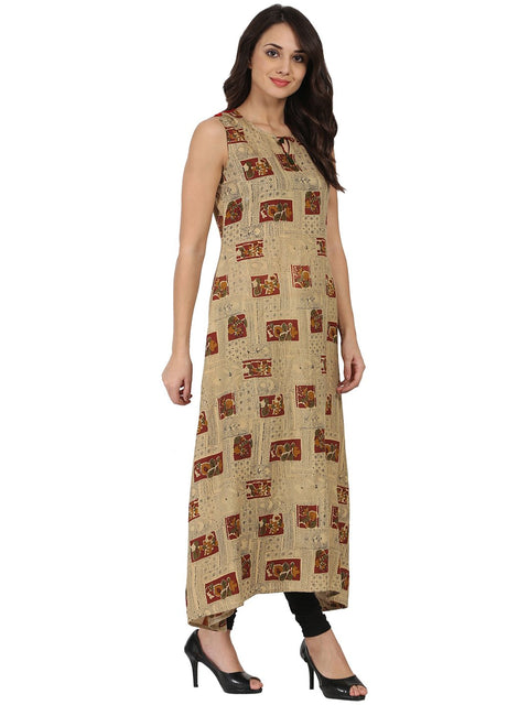 Beige printed sleeveless cotton Anarkali kurta
