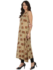 Beige printed sleeveless cotton Anarkali kurta