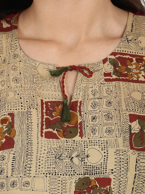 Beige printed sleeveless cotton Anarkali kurta