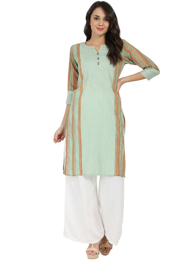 Green printed 3/4th sleeve cotton kurta