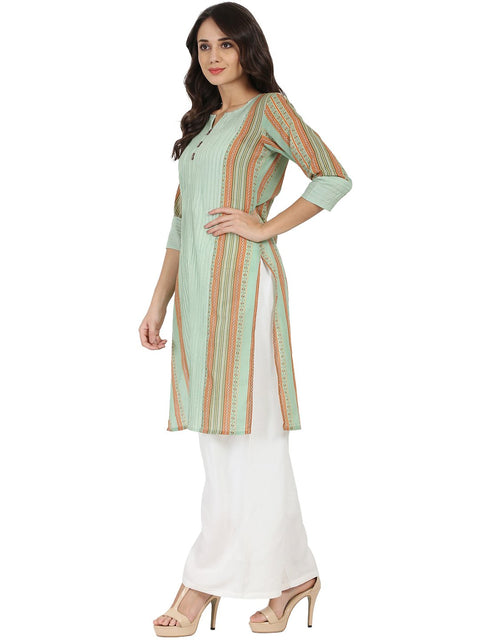 Green printed 3/4th sleeve cotton kurta