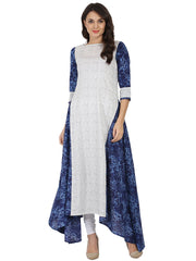 White & Blue printed 3/4th sleeve cotton A-line kurta
