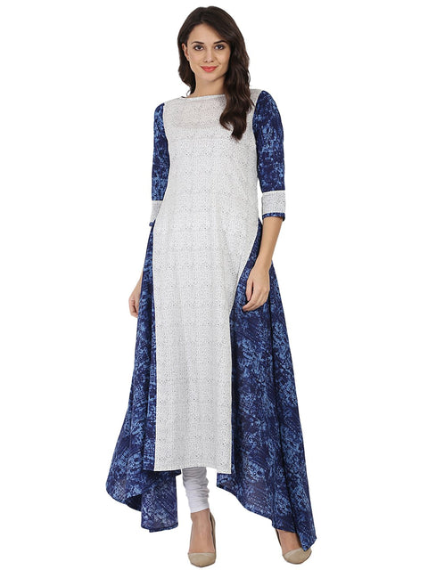 White & Blue printed 3/4th sleeve cotton A-line kurta