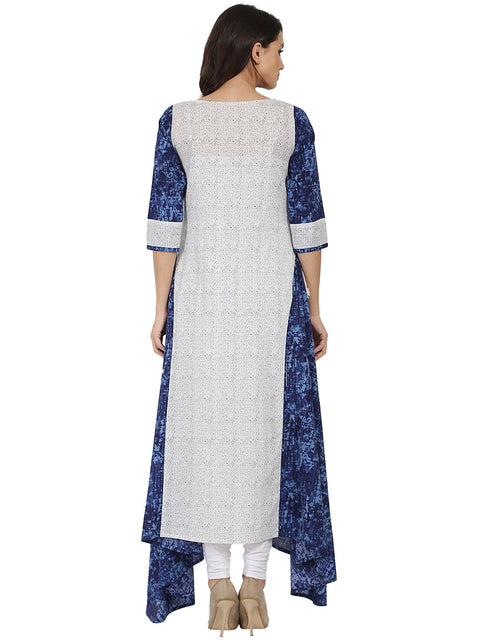 White & Blue printed 3/4th sleeve cotton A-line kurta