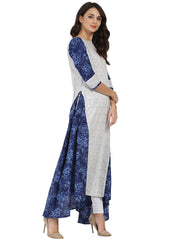 White & Blue printed 3/4th sleeve cotton A-line kurta