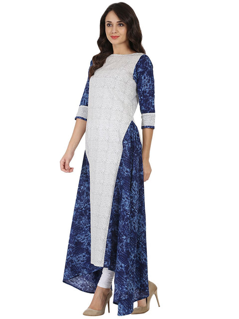 White & Blue printed 3/4th sleeve cotton A-line kurta