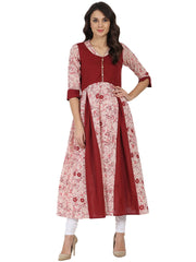 Pink & Maroon printed 3/4th sleeve Cotton Anarkali kurta