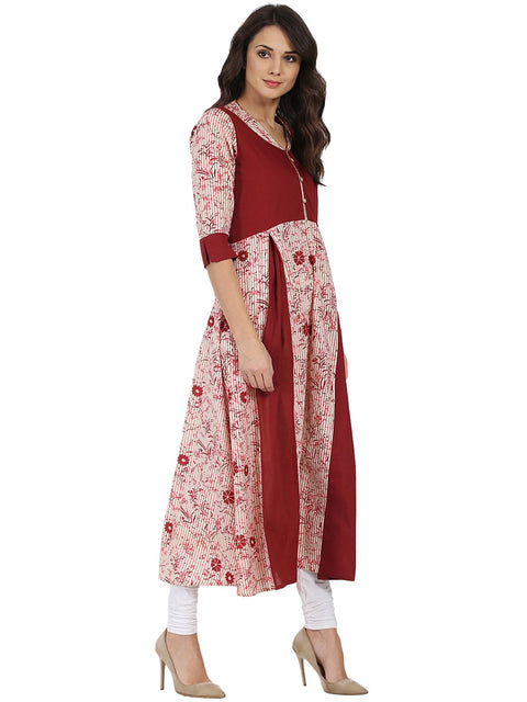 Pink & Maroon printed 3/4th sleeve Cotton Anarkali kurta