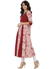 Pink & Maroon printed 3/4th sleeve Cotton Anarkali kurta