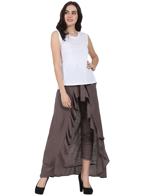 Taupe ankle length rayon slub flared skirt